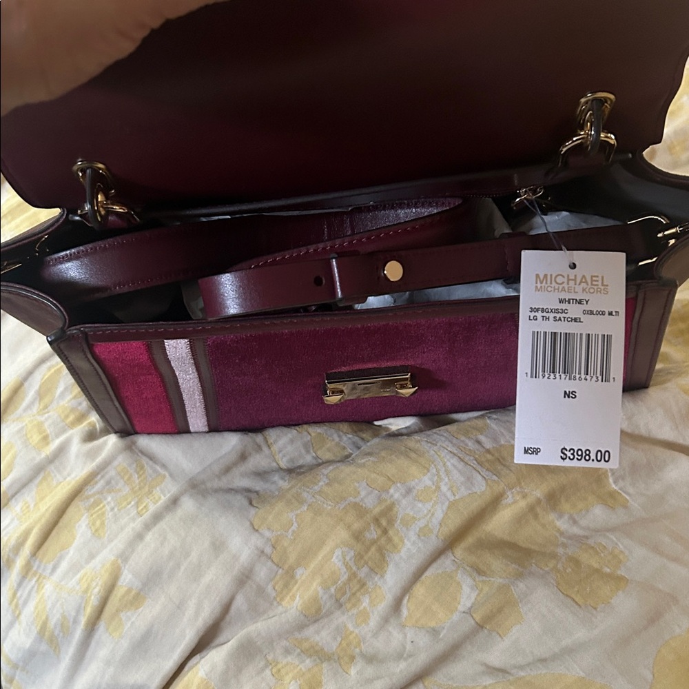 Michael Kors Large Whitney Velvet Oxblood and Pink Satchel - Picture 4 of 7